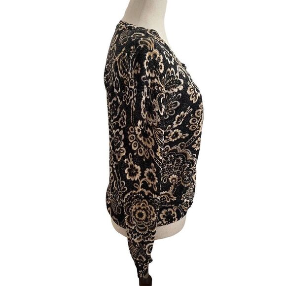 Talbots Petites Black + Gold Metallic Damask Print Long Sleeve Cardigan SP - Picture 3 of 8